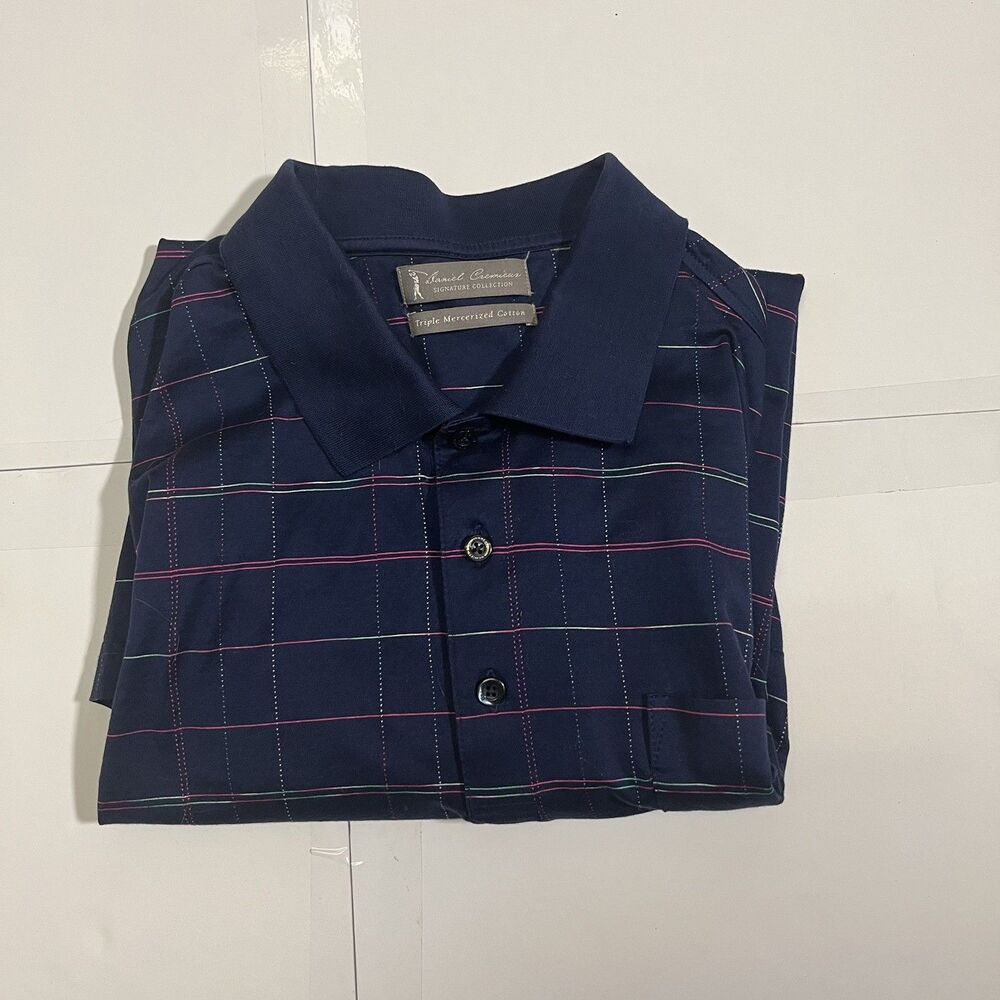 Daniel Cremieux Men’s Large Navy Windowpane Plaid Polo Shirt Triple Mercerized
